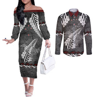 New Zealand Weka Personalised Couples Matching Off The Shoulder Long Sleeve Dress and Long Sleeve Button Shirt Aotearoa Hen Silver Fern Maori Pattern LT22 Black - Polynesian Pride