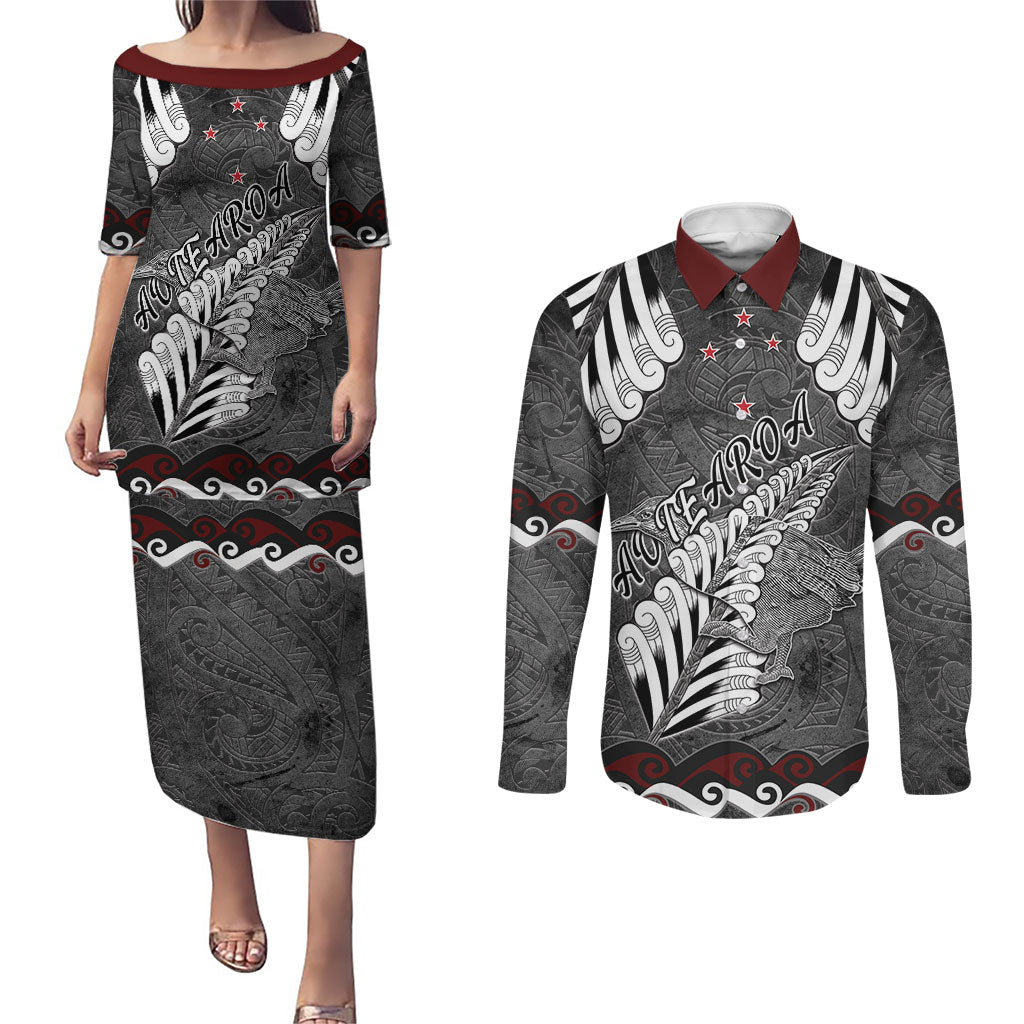 New Zealand Weka Personalised Couples Matching Puletasi and Long Sleeve Button Shirt Aotearoa Hen Silver Fern Maori Pattern LT22 Black - Polynesian Pride