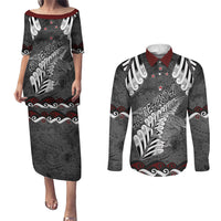 New Zealand Weka Personalised Couples Matching Puletasi and Long Sleeve Button Shirt Aotearoa Hen Silver Fern Maori Pattern LT22 Black - Polynesian Pride