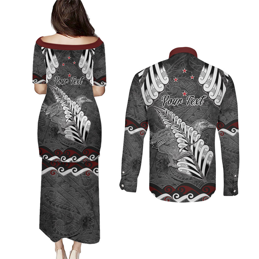 New Zealand Weka Personalised Couples Matching Puletasi and Long Sleeve Button Shirt Aotearoa Hen Silver Fern Maori Pattern LT22 - Polynesian Pride