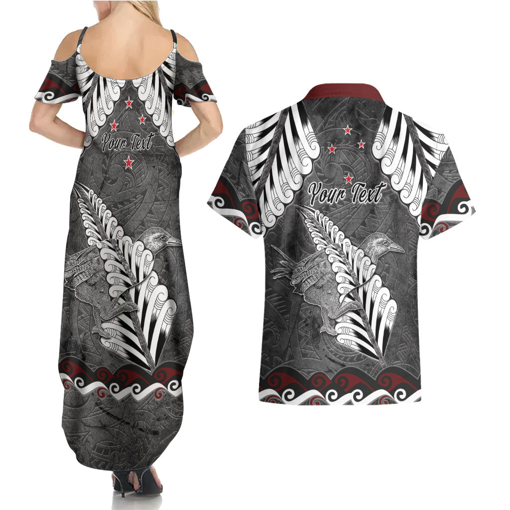 New Zealand Weka Personalised Couples Matching Summer Maxi Dress and Hawaiian Shirt Aotearoa Hen Silver Fern Maori Pattern LT22 - Polynesian Pride
