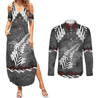 New Zealand Weka Personalised Couples Matching Summer Maxi Dress and Long Sleeve Button Shirt Aotearoa Hen Silver Fern Maori Pattern LT22 Black - Polynesian Pride