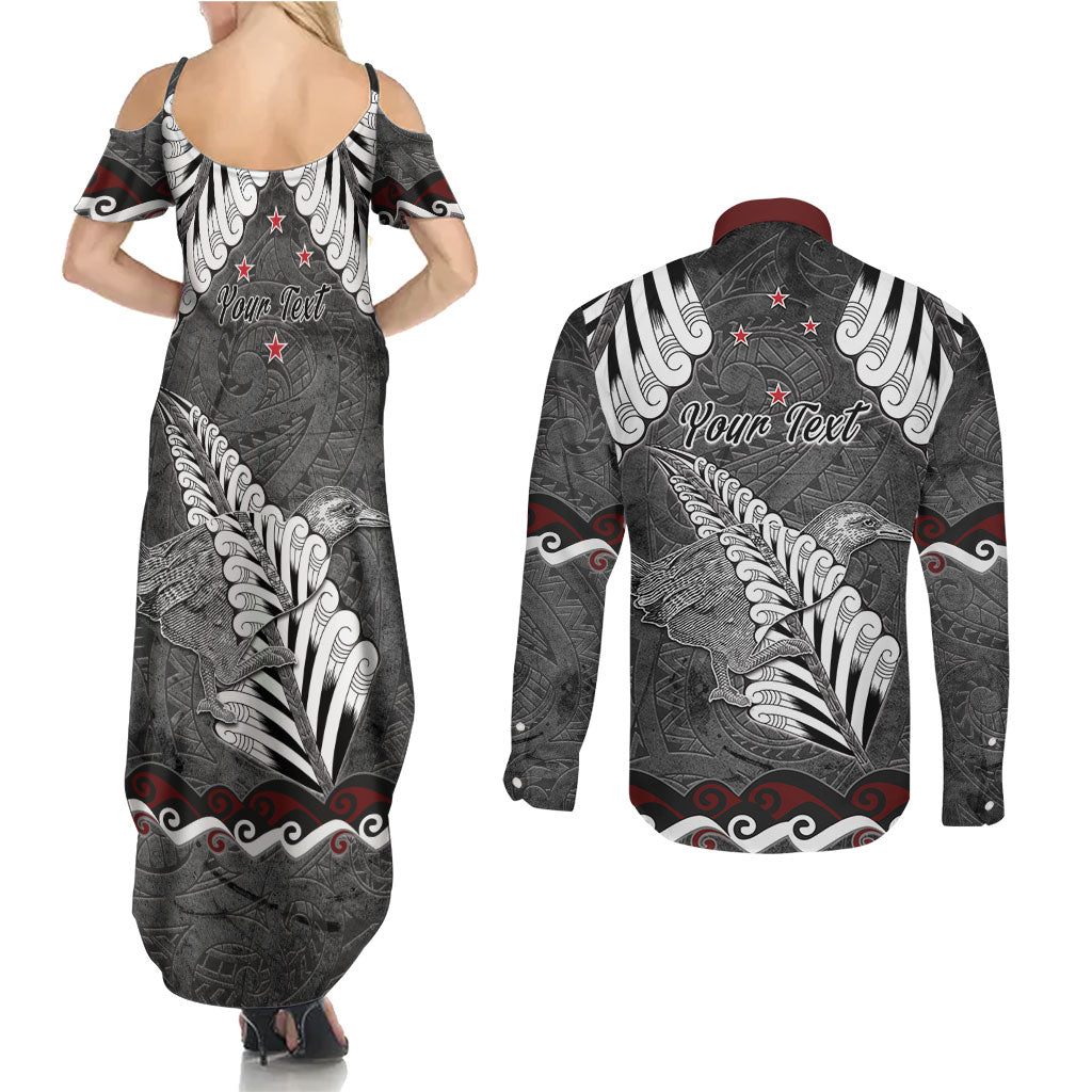 New Zealand Weka Personalised Couples Matching Summer Maxi Dress and Long Sleeve Button Shirt Aotearoa Hen Silver Fern Maori Pattern LT22 - Polynesian Pride