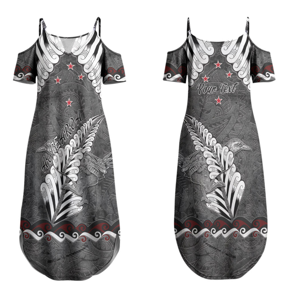 New Zealand Weka Personalised Couples Matching Summer Maxi Dress and Long Sleeve Button Shirt Aotearoa Hen Silver Fern Maori Pattern LT22 - Polynesian Pride