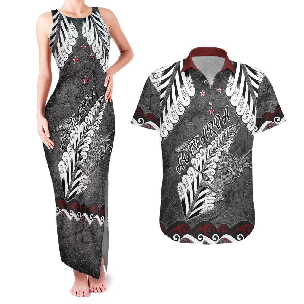 New Zealand Weka Personalised Couples Matching Tank Maxi Dress and Hawaiian Shirt Aotearoa Hen Silver Fern Maori Pattern LT22 Black - Polynesian Pride