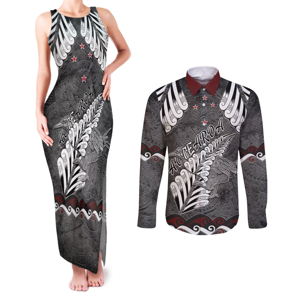 New Zealand Weka Personalised Couples Matching Tank Maxi Dress and Long Sleeve Button Shirt Aotearoa Hen Silver Fern Maori Pattern LT22 Black - Polynesian Pride