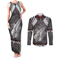 New Zealand Weka Personalised Couples Matching Tank Maxi Dress and Long Sleeve Button Shirt Aotearoa Hen Silver Fern Maori Pattern LT22 Black - Polynesian Pride