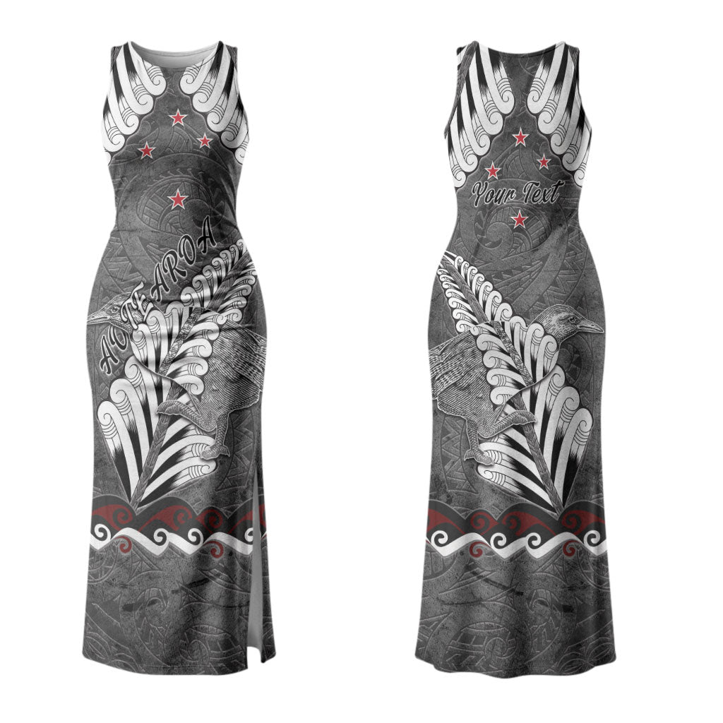 New Zealand Weka Personalised Couples Matching Tank Maxi Dress and Long Sleeve Button Shirt Aotearoa Hen Silver Fern Maori Pattern LT22 - Polynesian Pride