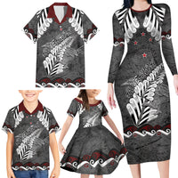 New Zealand Weka Personalised Family Matching Long Sleeve Bodycon Dress and Hawaiian Shirt Aotearoa Hen Silver Fern Maori Pattern LT22 - Polynesian Pride
