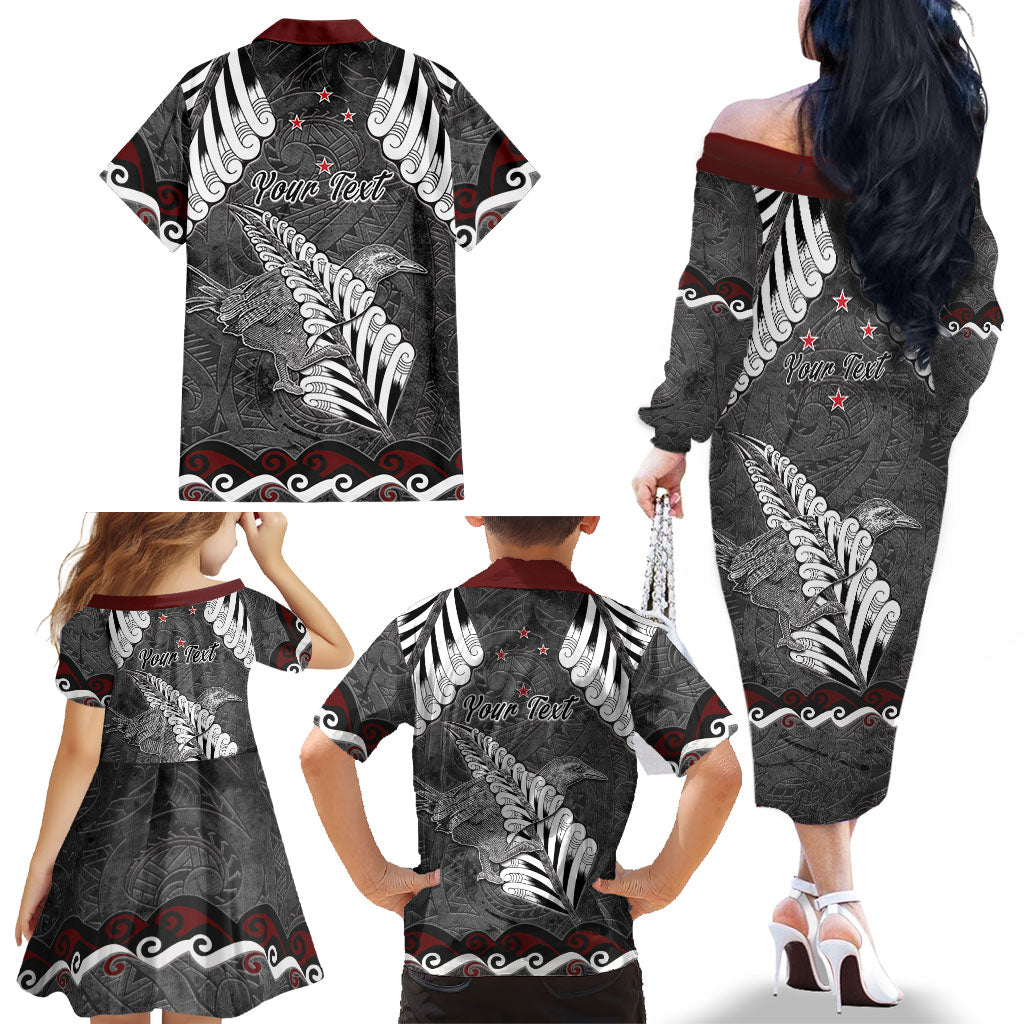New Zealand Weka Personalised Family Matching Off The Shoulder Long Sleeve Dress and Hawaiian Shirt Aotearoa Hen Silver Fern Maori Pattern LT22 - Polynesian Pride