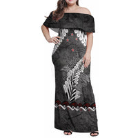 New Zealand Weka Personalised Family Matching Off Shoulder Maxi Dress and Hawaiian Shirt Aotearoa Hen Silver Fern Maori Pattern LT22 Mom's Dress Black - Polynesian Pride