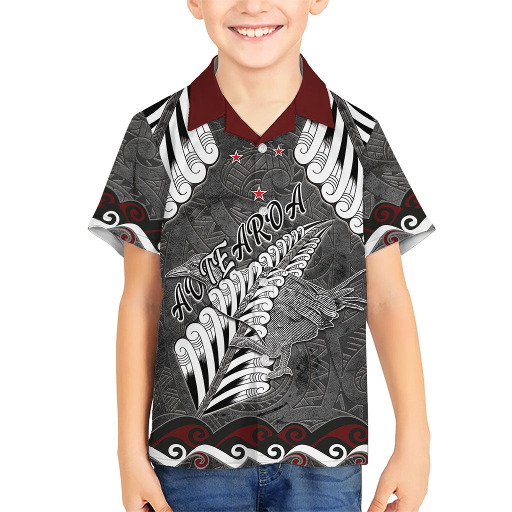 New Zealand Weka Personalised Family Matching Off Shoulder Maxi Dress and Hawaiian Shirt Aotearoa Hen Silver Fern Maori Pattern LT22 Son's Shirt Black - Polynesian Pride