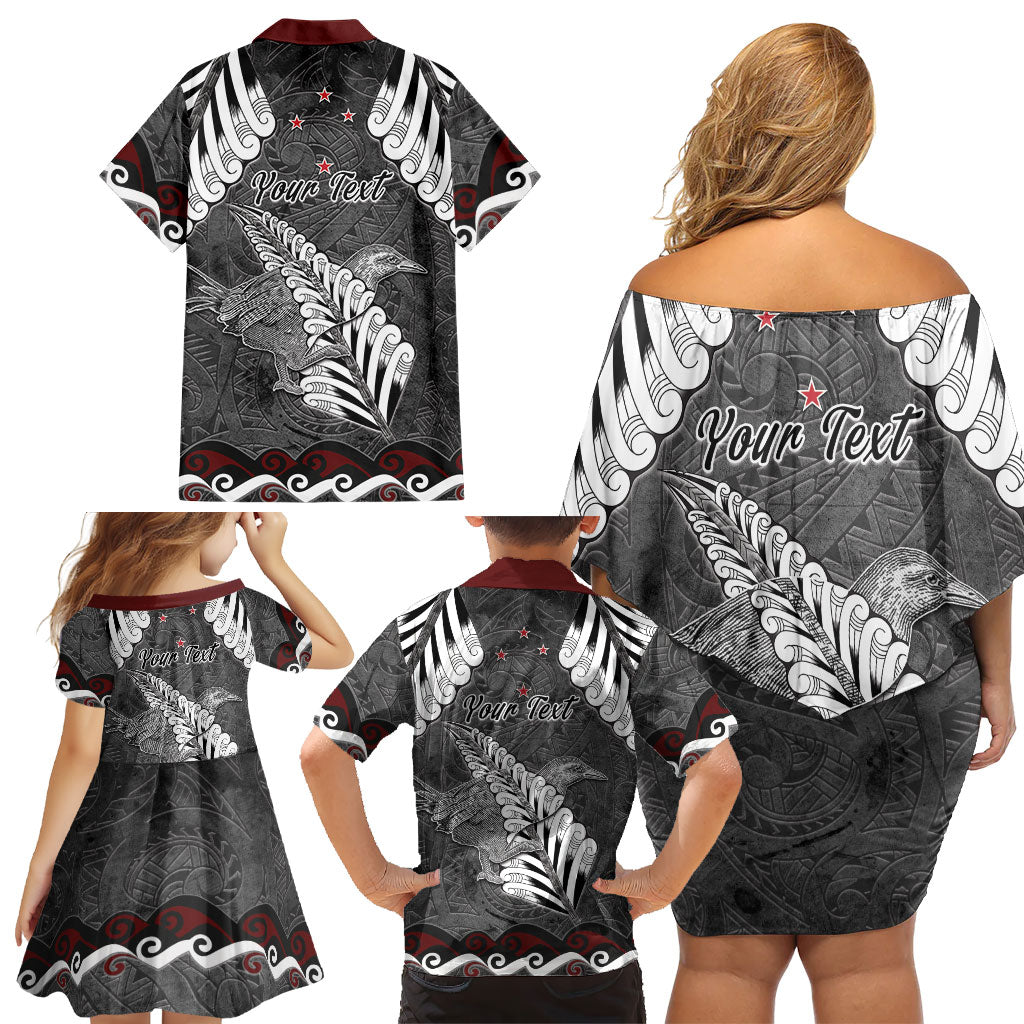New Zealand Weka Personalised Family Matching Off Shoulder Short Dress and Hawaiian Shirt Aotearoa Hen Silver Fern Maori Pattern LT22 - Polynesian Pride