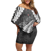New Zealand Weka Personalised Family Matching Off Shoulder Short Dress and Hawaiian Shirt Aotearoa Hen Silver Fern Maori Pattern LT22 Mom's Dress Black - Polynesian Pride