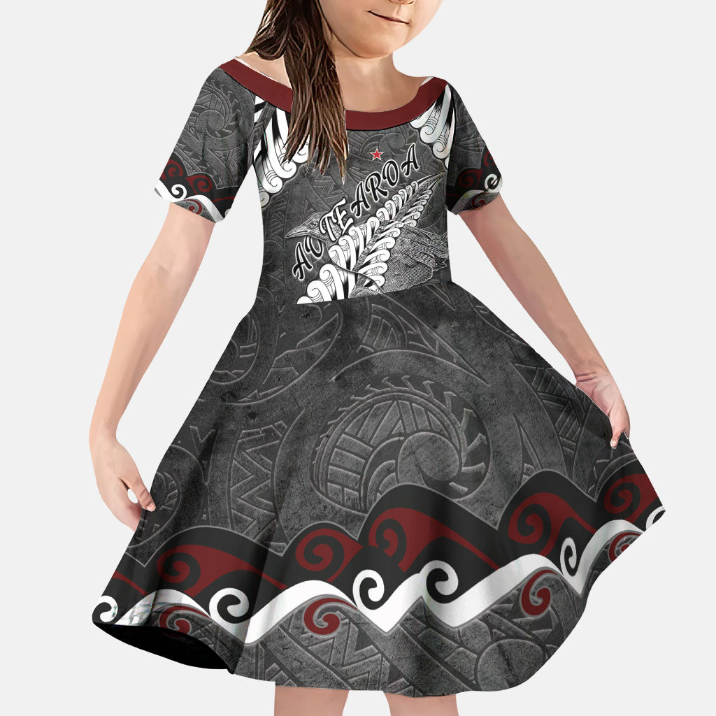 New Zealand Weka Personalised Family Matching Puletasi and Hawaiian Shirt Aotearoa Hen Silver Fern Maori Pattern LT22 Daughter's Dress Black - Polynesian Pride