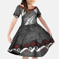 New Zealand Weka Personalised Family Matching Summer Maxi Dress and Hawaiian Shirt Aotearoa Hen Silver Fern Maori Pattern LT22 Daughter's Dress Black - Polynesian Pride