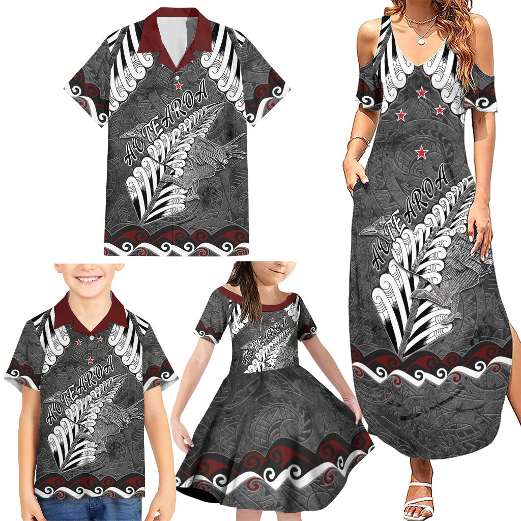 New Zealand Weka Personalised Family Matching Summer Maxi Dress and Hawaiian Shirt Aotearoa Hen Silver Fern Maori Pattern LT22 - Polynesian Pride