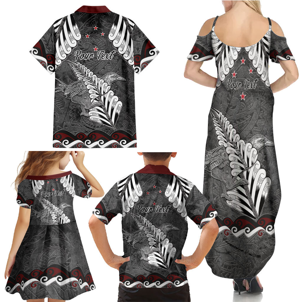 New Zealand Weka Personalised Family Matching Summer Maxi Dress and Hawaiian Shirt Aotearoa Hen Silver Fern Maori Pattern LT22 - Polynesian Pride