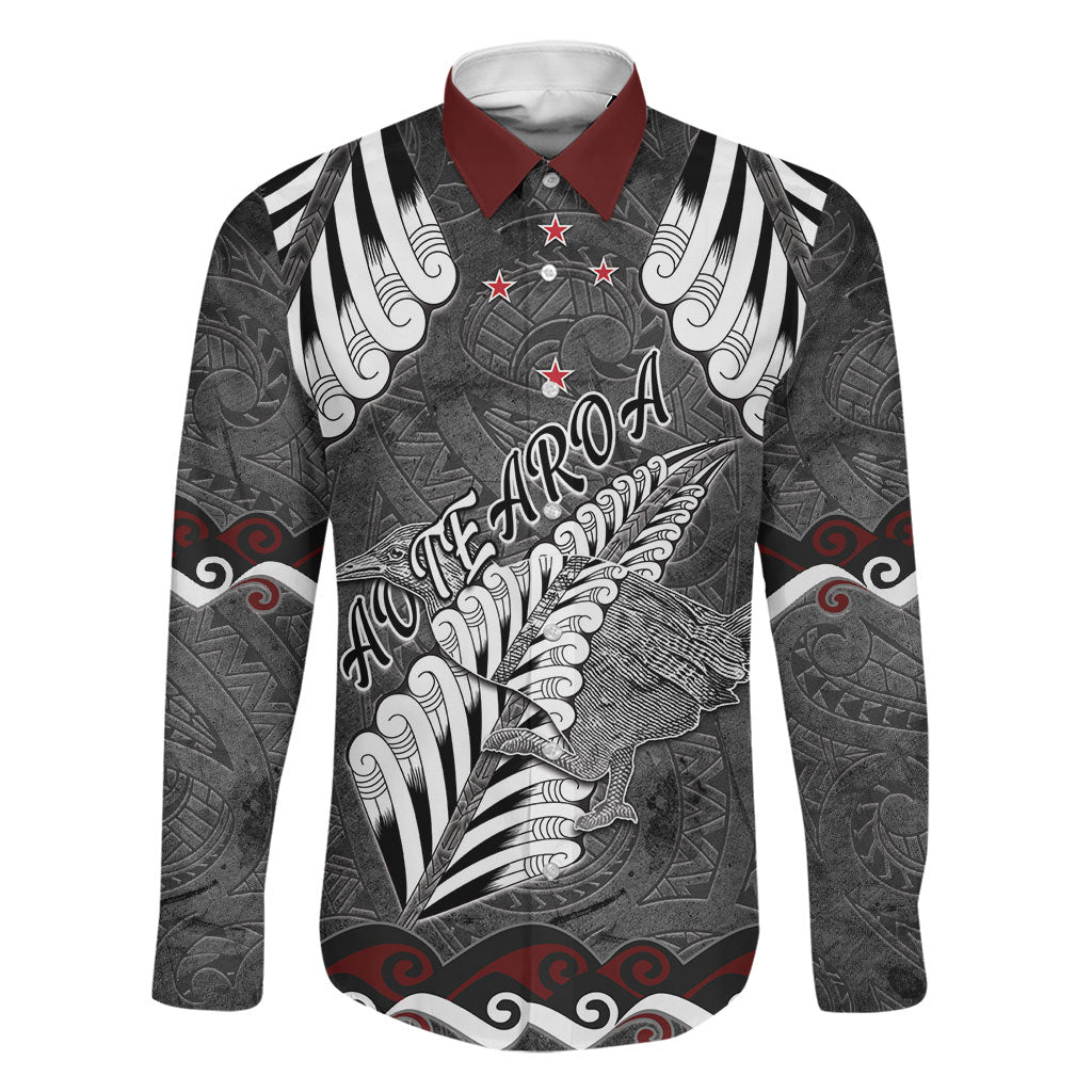New Zealand Weka Personalised Family Matching Summer Maxi Dress and Hawaiian Shirt Aotearoa Hen Silver Fern Maori Pattern LT22 Dad's Shirt - Long Sleeve Black - Polynesian Pride