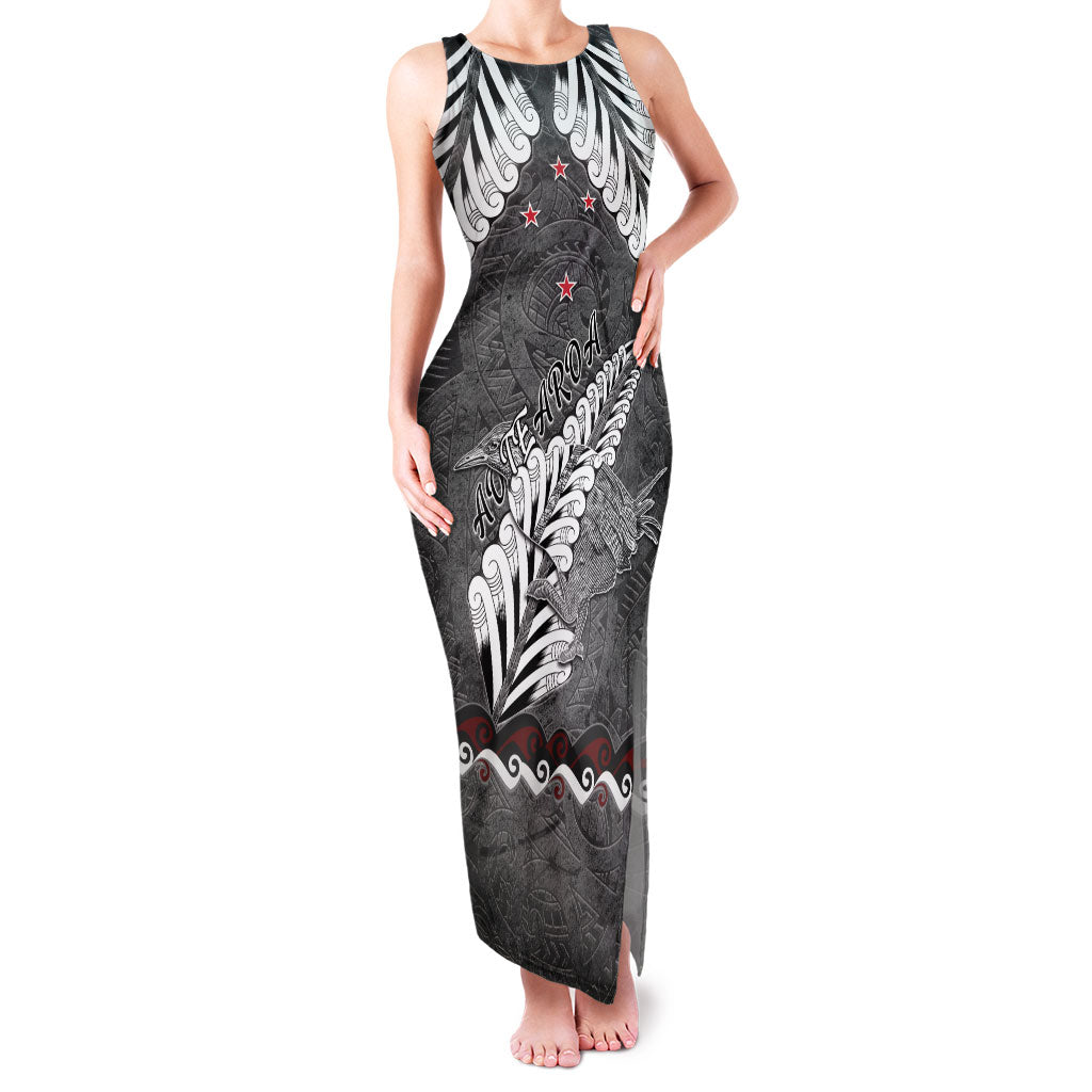 New Zealand Weka Personalised Family Matching Tank Maxi Dress and Hawaiian Shirt Aotearoa Hen Silver Fern Maori Pattern LT22 Mom's Dress Black - Polynesian Pride