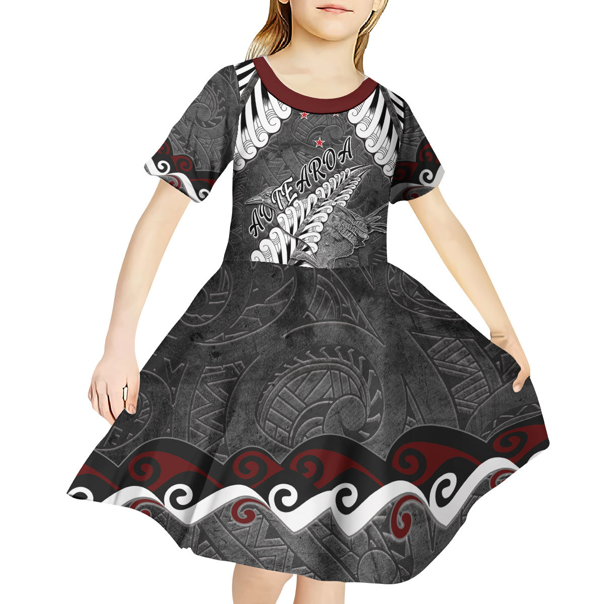 New Zealand Weka Personalised Kid Short Sleeve Dress Aotearoa Hen Silver Fern Maori Pattern LT22 - Polynesian Pride