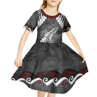 New Zealand Weka Personalised Kid Short Sleeve Dress Aotearoa Hen Silver Fern Maori Pattern LT22 - Polynesian Pride