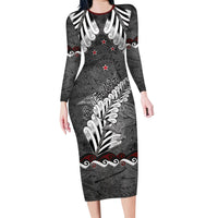 New Zealand Weka Personalised Long Sleeve Bodycon Dress Aotearoa Hen Silver Fern Maori Pattern LT22 Long Dress Black - Polynesian Pride