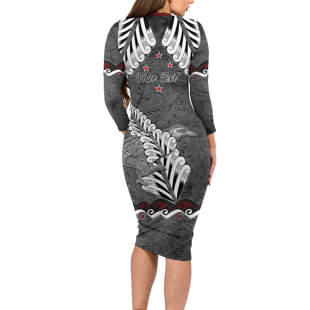 New Zealand Weka Personalised Long Sleeve Bodycon Dress Aotearoa Hen Silver Fern Maori Pattern LT22 - Polynesian Pride