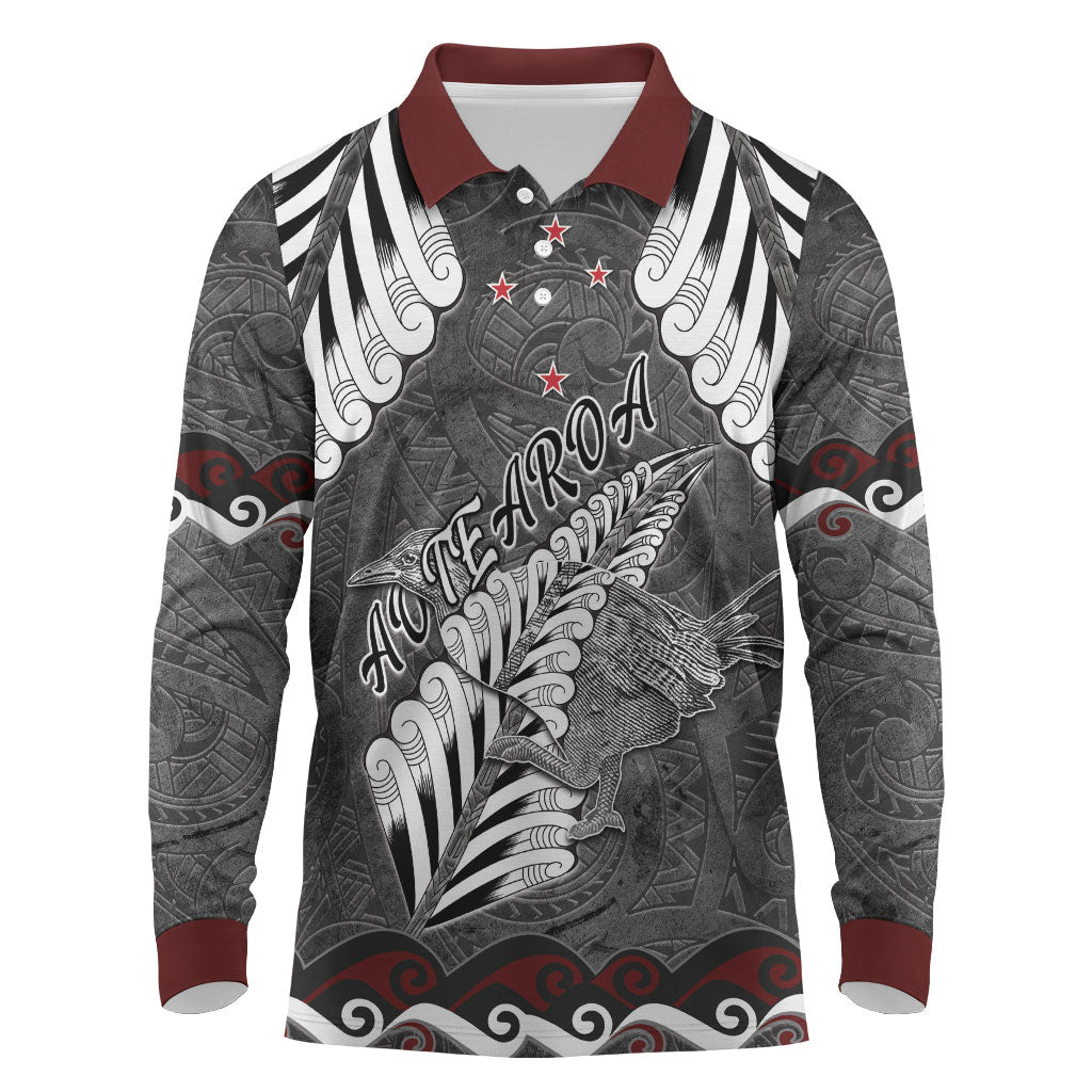 New Zealand Weka Personalised Long Sleeve Polo Shirt Aotearoa Hen Silver Fern Maori Pattern LT22 Black - Polynesian Pride
