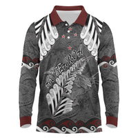 New Zealand Weka Personalised Long Sleeve Polo Shirt Aotearoa Hen Silver Fern Maori Pattern LT22 Black - Polynesian Pride
