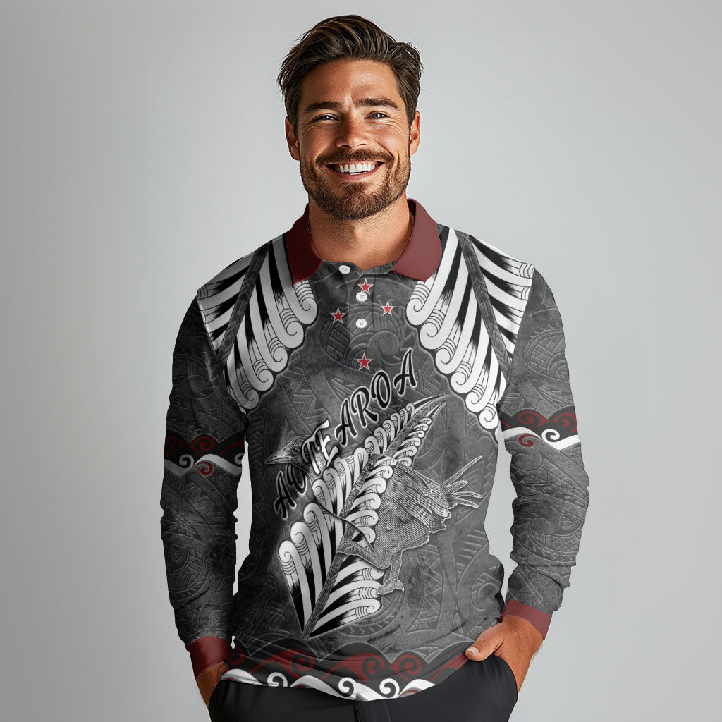 New Zealand Weka Personalised Long Sleeve Polo Shirt Aotearoa Hen Silver Fern Maori Pattern LT22 - Polynesian Pride
