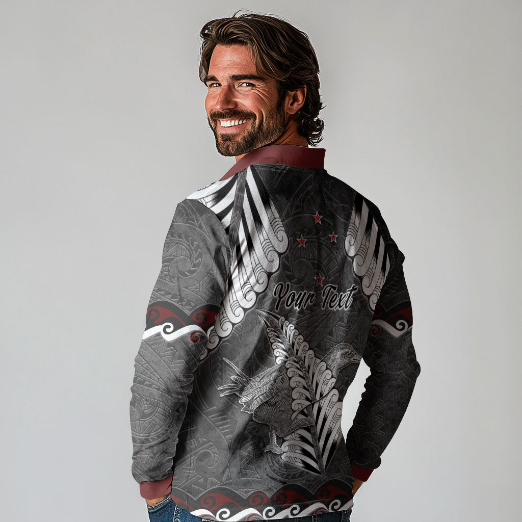 New Zealand Weka Personalised Long Sleeve Polo Shirt Aotearoa Hen Silver Fern Maori Pattern LT22 - Polynesian Pride