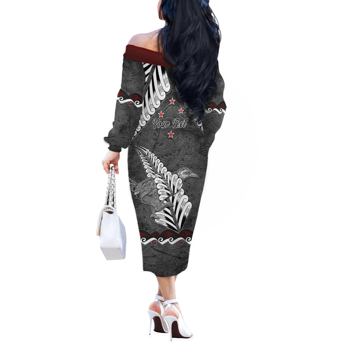 New Zealand Weka Personalised Off The Shoulder Long Sleeve Dress Aotearoa Hen Silver Fern Maori Pattern LT22 - Polynesian Pride
