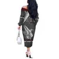 New Zealand Weka Personalised Off The Shoulder Long Sleeve Dress Aotearoa Hen Silver Fern Maori Pattern LT22 - Polynesian Pride