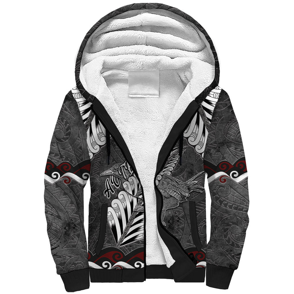 New Zealand Weka Personalised Sherpa Hoodie Aotearoa Hen Silver Fern Maori Pattern LT22 Unisex Black - Polynesian Pride