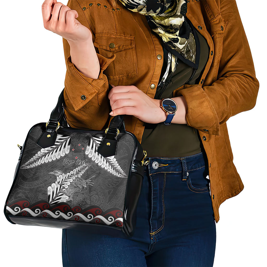 New Zealand Weka Personalised Shoulder Handbag Aotearoa Hen Silver Fern Maori Pattern