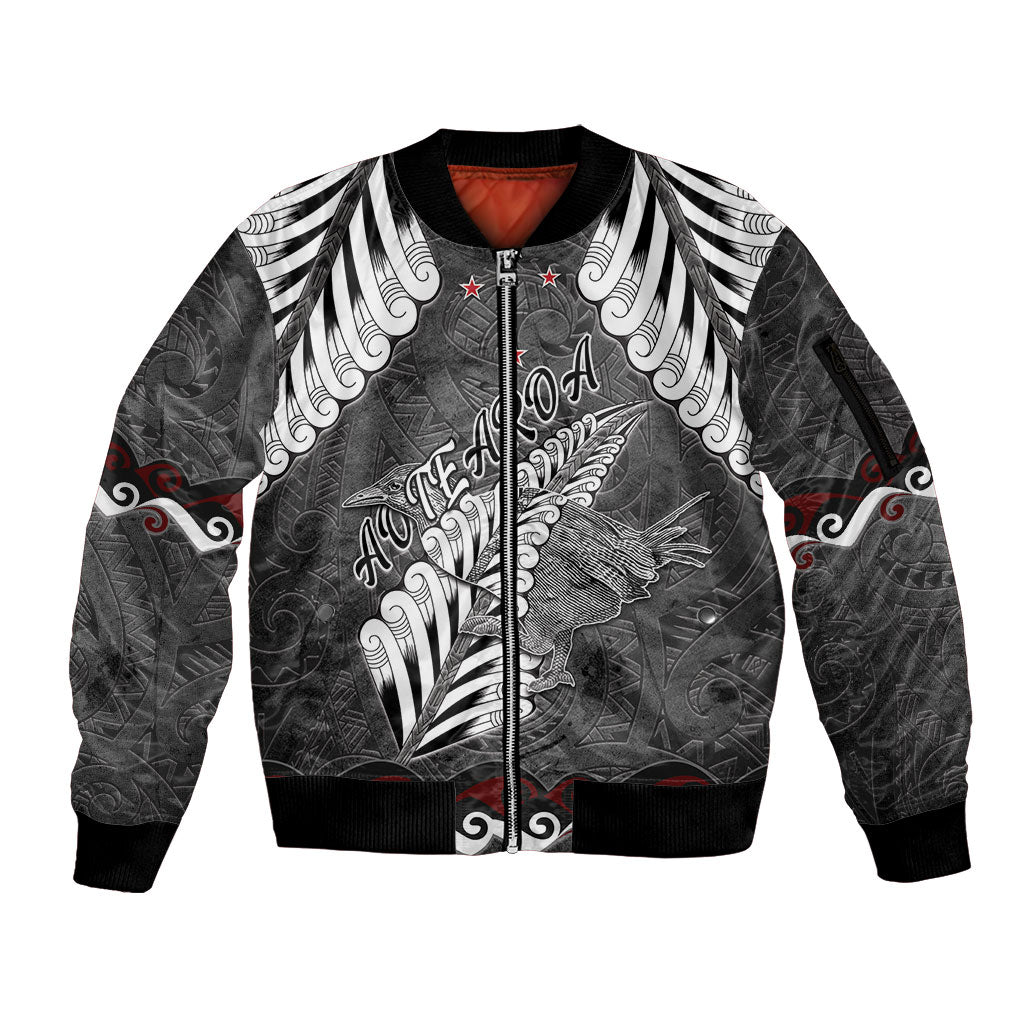 New Zealand Weka Personalised Sleeve Zip Bomber Jacket Aotearoa Hen Silver Fern Maori Pattern LT22 Unisex Black - Polynesian Pride
