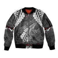 New Zealand Weka Personalised Sleeve Zip Bomber Jacket Aotearoa Hen Silver Fern Maori Pattern LT22 Unisex Black - Polynesian Pride