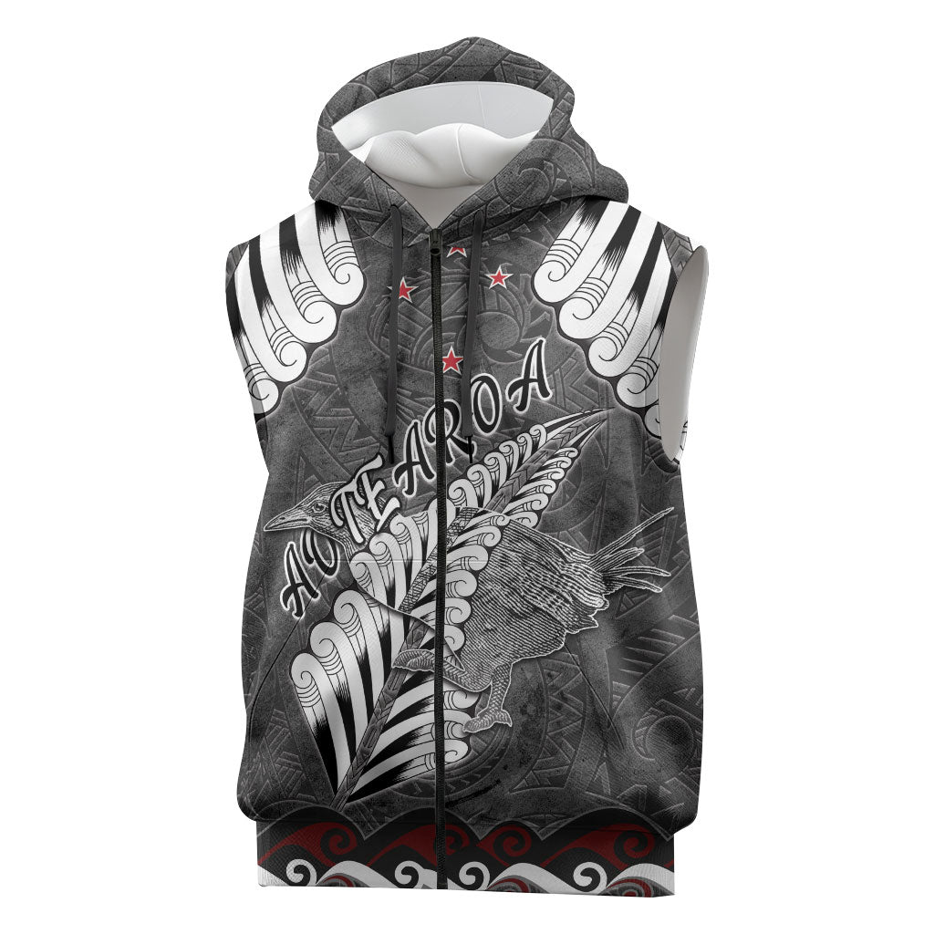 New Zealand Weka Personalised Sleeveless Zip Hoodie Aotearoa Hen Silver Fern Maori Pattern LT22 Black - Polynesian Pride