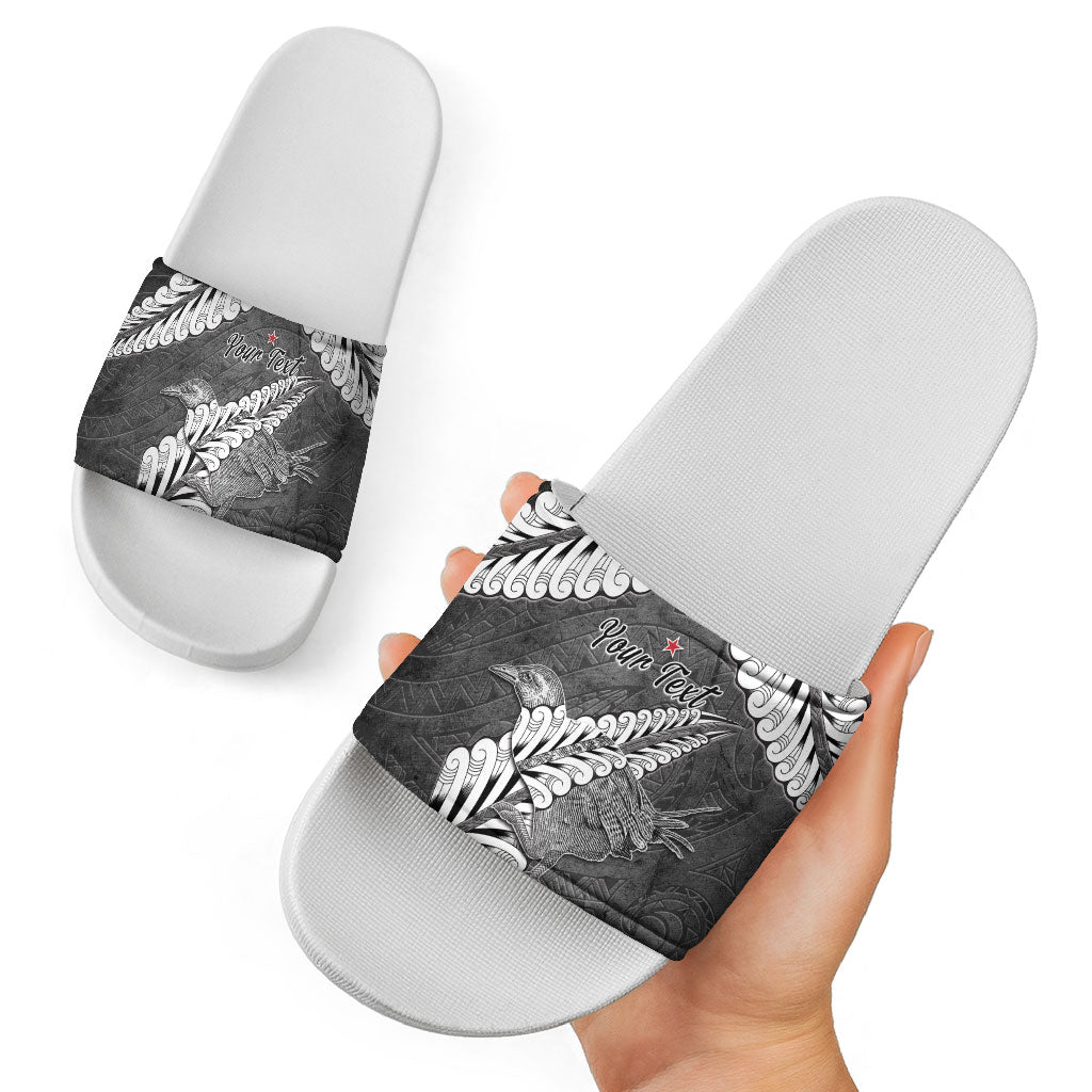 New Zealand Weka Personalised Slide Sandals Aotearoa Hen Silver Fern Maori Pattern