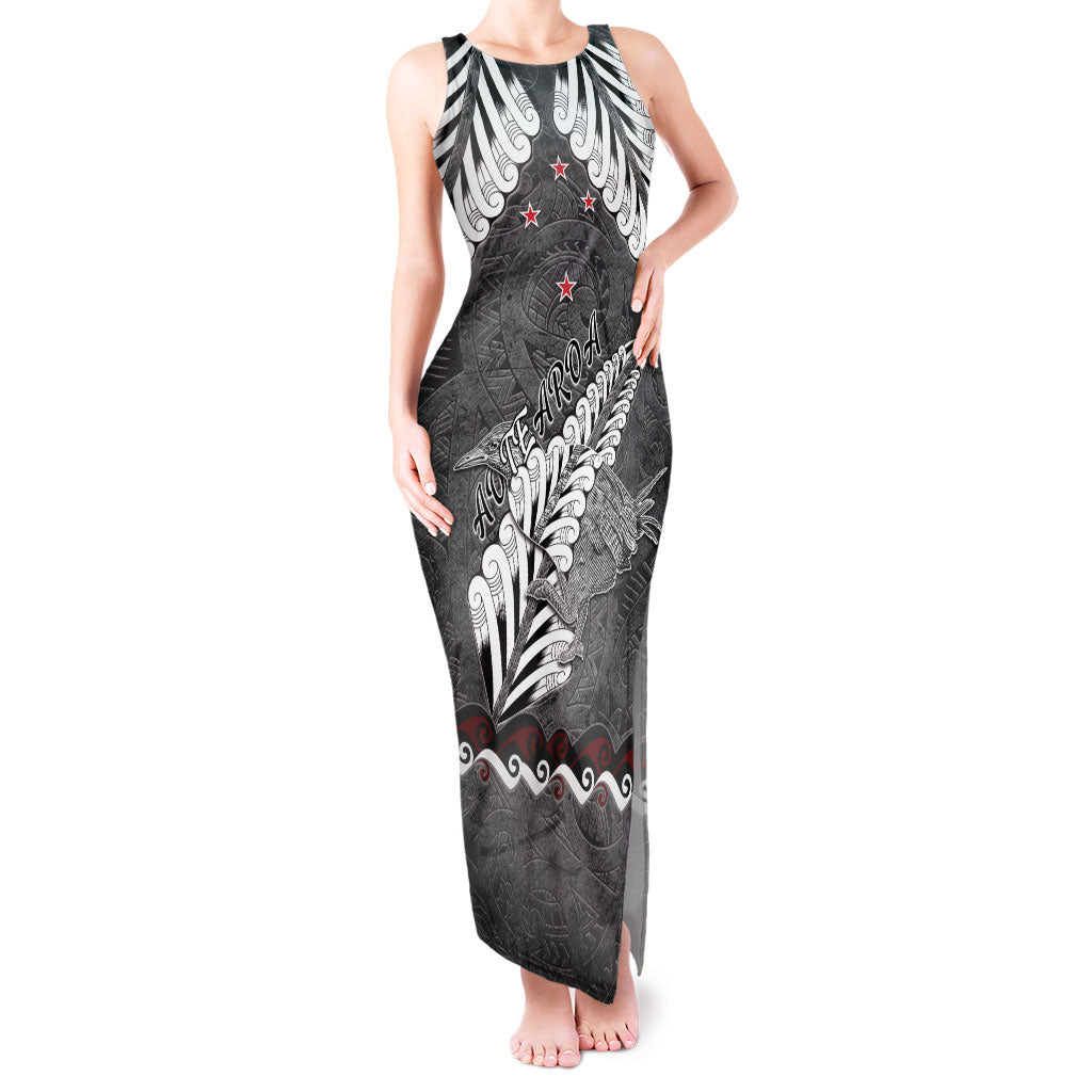 New Zealand Weka Personalised Tank Maxi Dress Aotearoa Hen Silver Fern Maori Pattern LT22 Women Black - Polynesian Pride