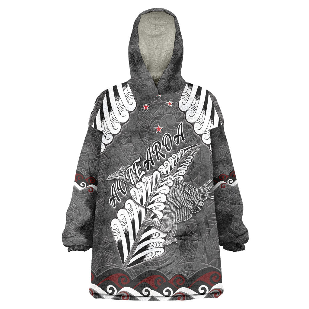 New Zealand Weka Personalised Wearable Blanket Hoodie Aotearoa Hen Silver Fern Maori Pattern LT22 One Size Black - Polynesian Pride