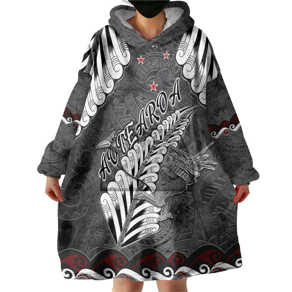 New Zealand Weka Personalised Wearable Blanket Hoodie Aotearoa Hen Silver Fern Maori Pattern LT22 - Polynesian Pride