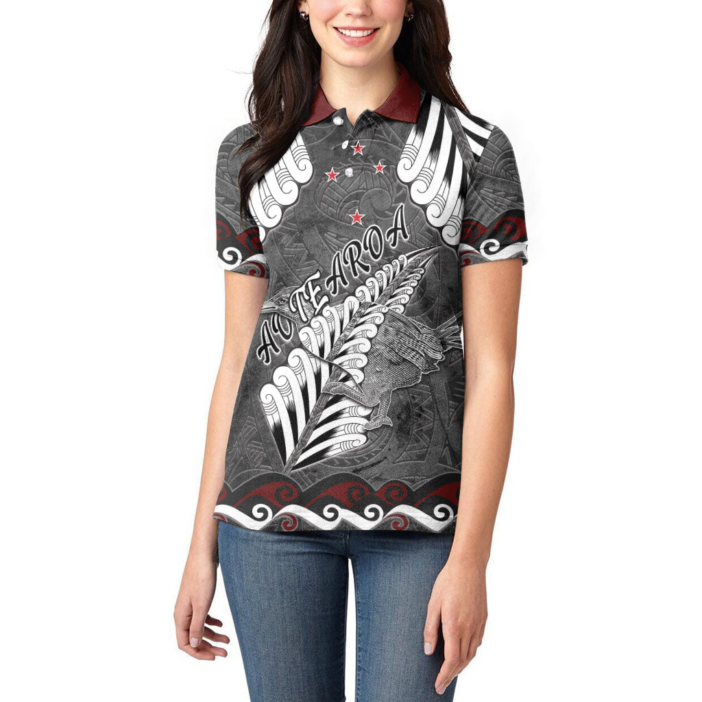 New Zealand Weka Personalised Women Polo Shirt Aotearoa Hen Silver Fern Maori Pattern LT22 - Polynesian Pride