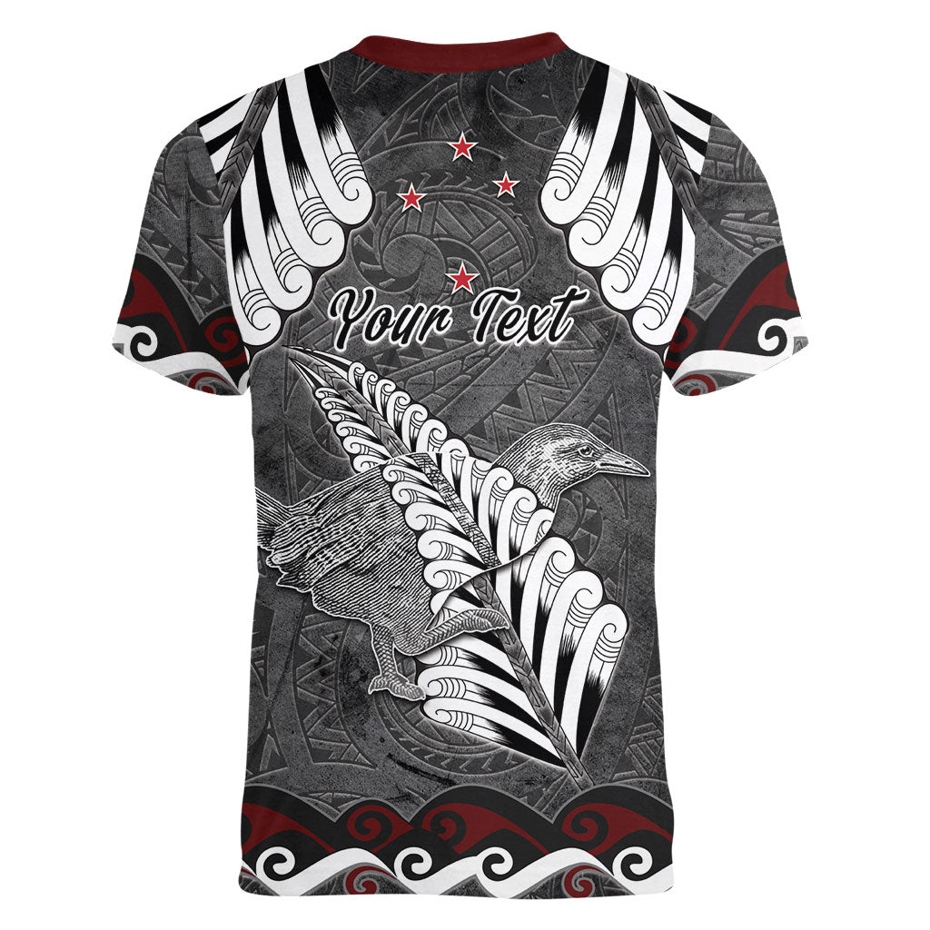 New Zealand Weka Personalised Women V-Neck T-Shirt Aotearoa Hen Silver Fern Maori Pattern LT22 - Polynesian Pride