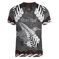 New Zealand Weka Personalised Women V-Neck T-Shirt Aotearoa Hen Silver Fern Maori Pattern LT22 - Polynesian Pride