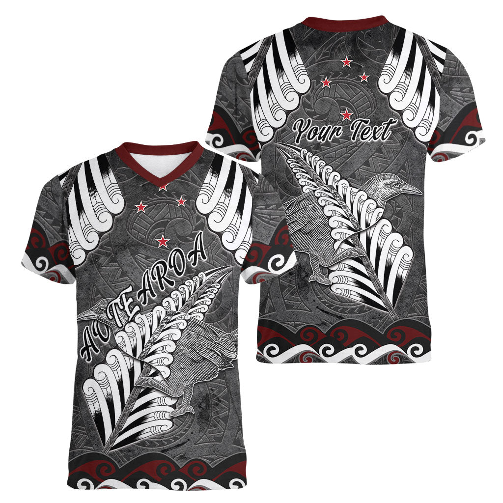 New Zealand Weka Personalised Women V-Neck T-Shirt Aotearoa Hen Silver Fern Maori Pattern LT22 - Polynesian Pride