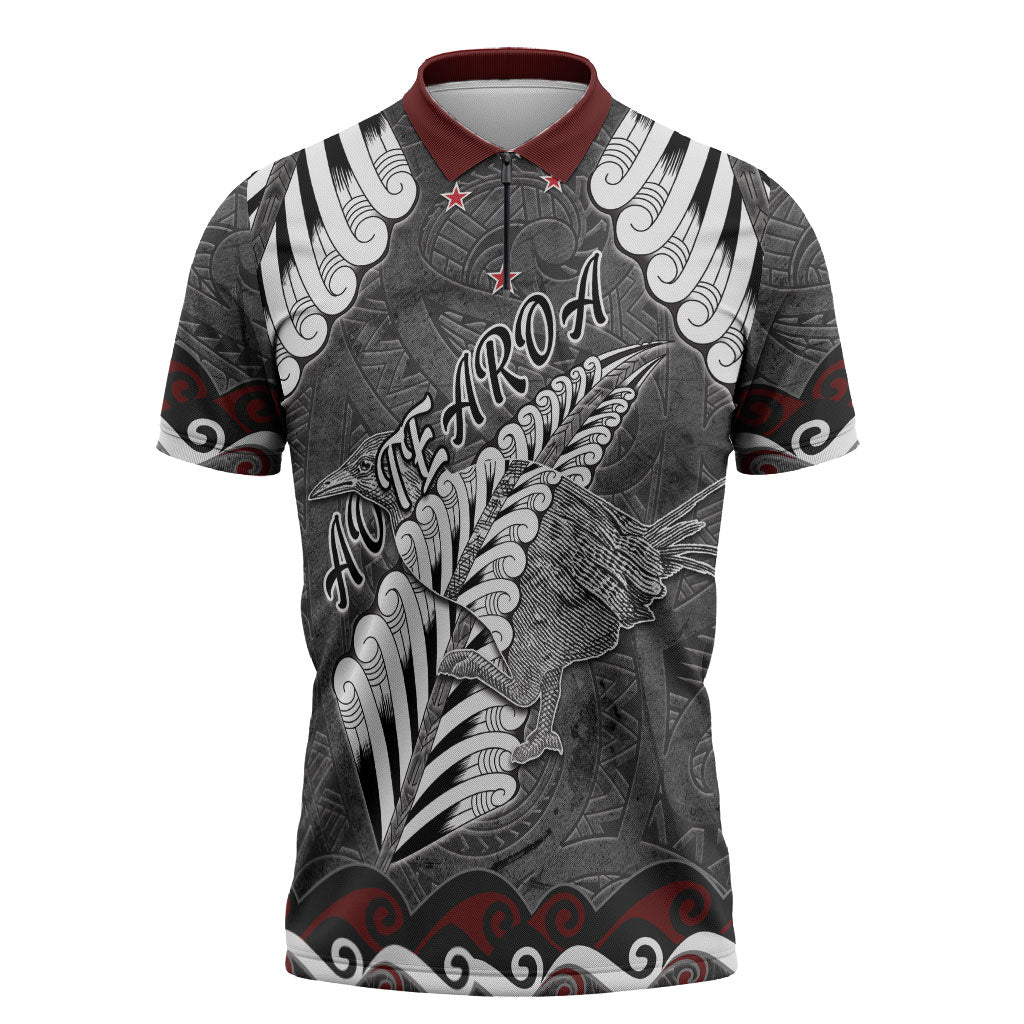 New Zealand Weka Personalised Zipper Polo Shirt Aotearoa Hen Silver Fern Maori Pattern LT22 Black - Polynesian Pride