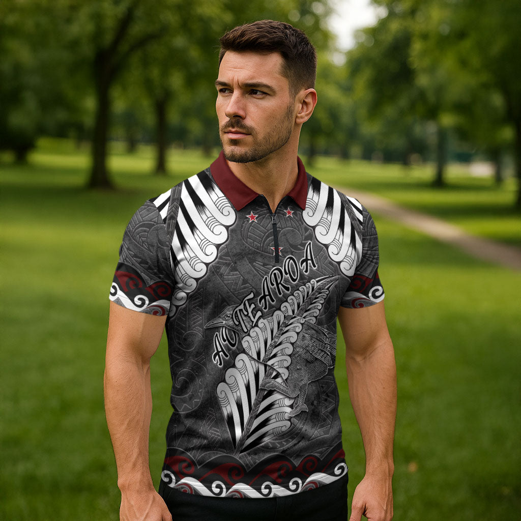 New Zealand Weka Personalised Zipper Polo Shirt Aotearoa Hen Silver Fern Maori Pattern LT22 - Polynesian Pride