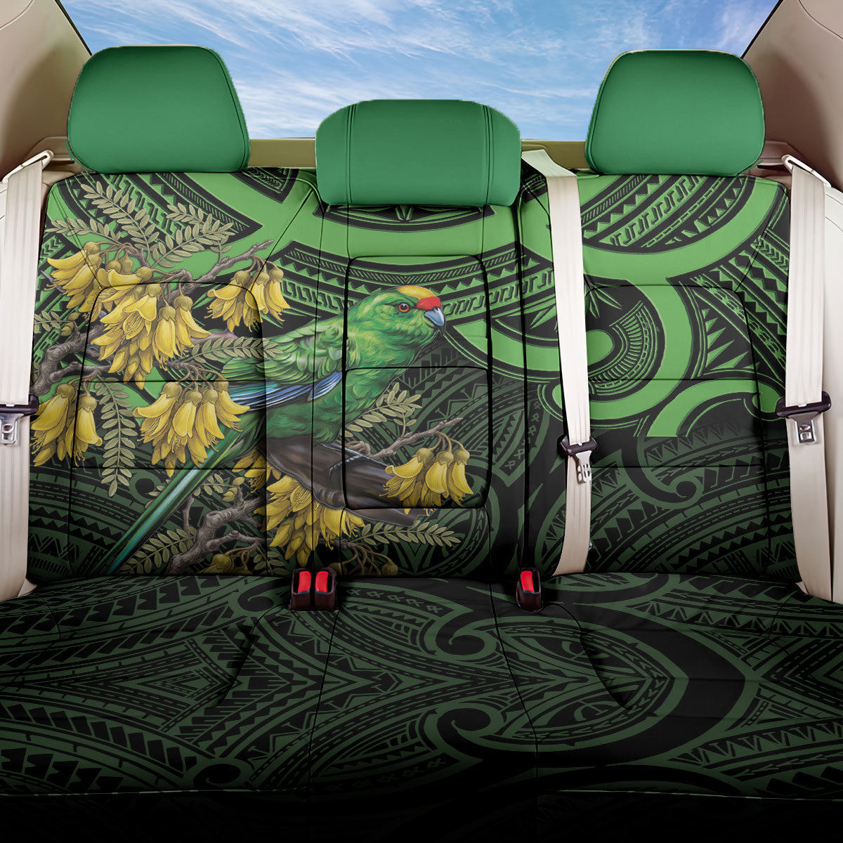 New Zealand Parakeet Bird Back Car Seat Cover Maori Kakariki Kowhai Maori Pattern LT22 One Size Green - Polynesian Pride